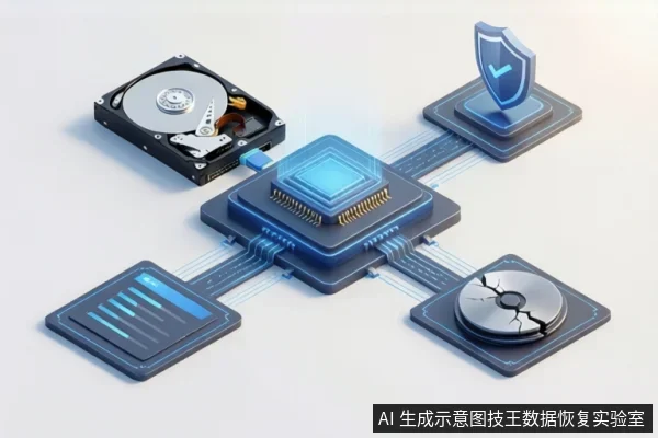 中央芯片通过线路连接机械硬盘、盾牌图标、数据列表和裂纹盘片，示意软件读取与介质状态。