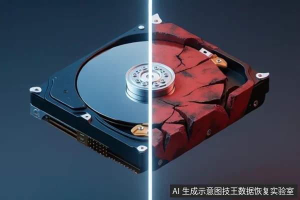 画面中央是一块机械硬盘,被一条垂直亮线分为左右两半:左侧为黑色外壳与银色盘片,右侧外壳呈红色碎裂状,露出内部结构。