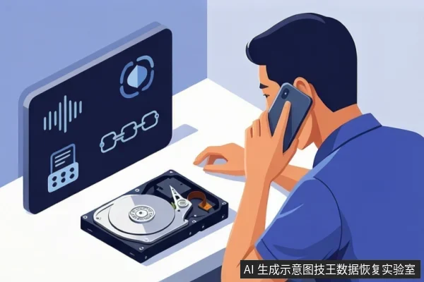 蓝衣男子坐桌前用右手持手机通话，左手放桌面，桌上有一块开盖机械硬盘，左侧悬浮面板显示波形、链条与硬盘图标