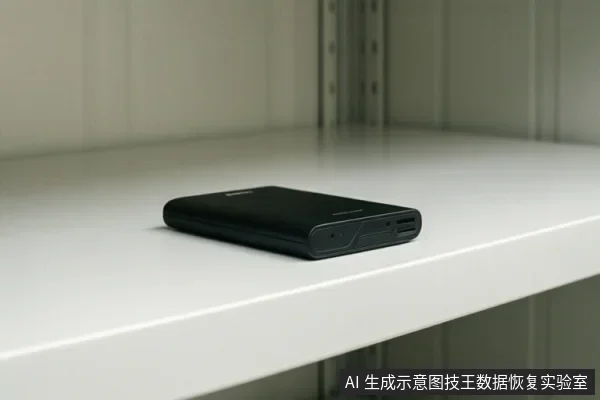 白色桌面上放置一个黑色移动硬盘，设备侧面可见接口，背景为室内墙面和柜体，无人员操作。