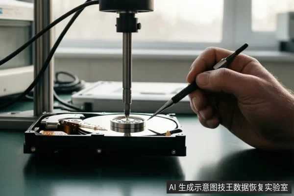 机械硬盘打开,上方有金属探针装置,右侧手持镊子靠近盘片,背景为工作台和窗户。