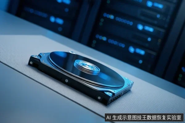 一块机械硬盘平放在灰色桌面上，背景为模糊的服务器机柜和蓝色指示灯。