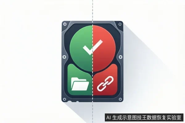 一个移动硬盘图标,被虚线分为左右两半,左半部分为绿色并带有对勾和文件夹图标,右半部分为红色并带有链接图标。