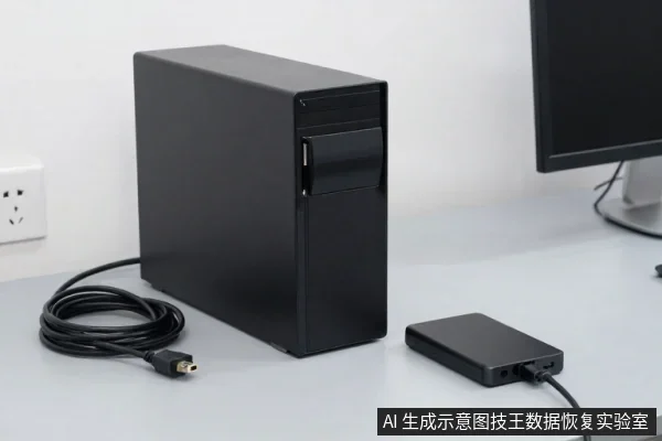 黑色台式电脑主机旁放着一根带插头的黑色线缆，右侧有一个黑色外置硬盘盒，背景可见显示器边缘和墙面插座。
