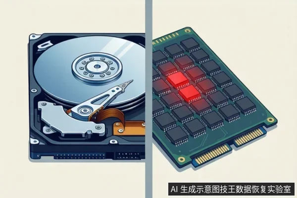 画面左右分屏:左侧为打开外壳的机械硬盘,可见盘片、主轴和磁头臂;右侧为带金手指的闪存模块,板上排列多颗存储芯片,其中几颗呈红色高亮。