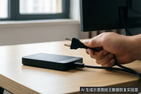 一只手握着黑色电源插头,桌面上放着一个黑色移动硬盘,背景有显示器和窗户。