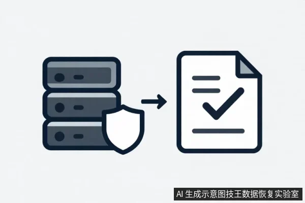 左侧为三层堆叠的存储服务器,前方带盾牌图标,箭头指向右侧带勾选标记的文档,示意数据安全认证。