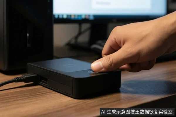 一只手正在按压一个黑色外接硬盘盒上的按钮,硬盘盒连接着数据线,放置在木质桌面上,背景有电脑主机和显示器。