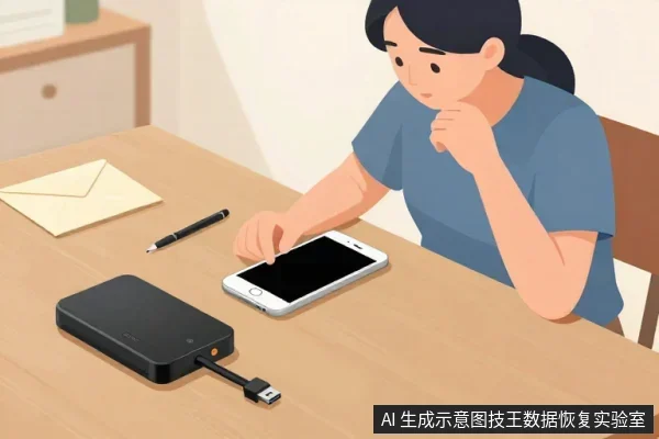 一名亚洲女性坐在木桌前,手指触碰一部黑屏手机,桌上放着一个黑色移动电源、一支笔和一个信封。