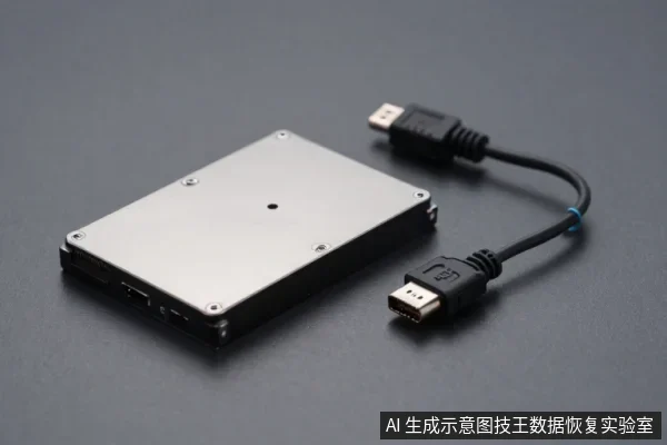 银色金属外壳硬盘平放于深色桌面,旁边有一根黑色USB转接线,两端插头清晰可见。