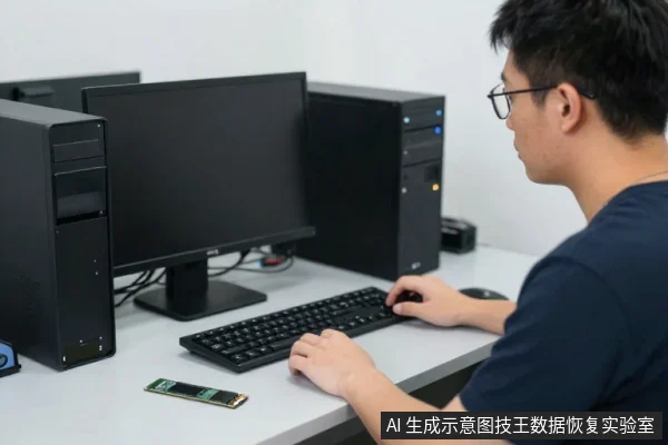 一名戴眼镜的亚洲男性坐在办公桌前，双手操作键盘，面前有一台黑色显示器和两台黑色台式主机，桌面放着一部手机。