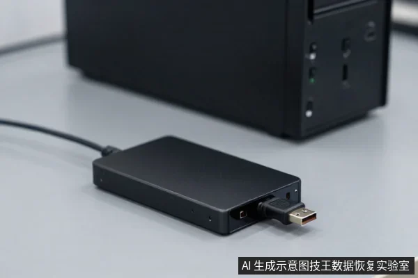 黑色外置硬盘盒平放在桌面上,USB线插入其接口,背景为黑色电脑主机