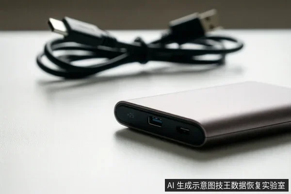 白色桌面上放置一个银色移动硬盘,前端可见USB-A与USB-C接口,后方有一根盘绕的黑色USB数据线。