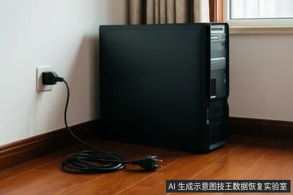 黑色台式主机靠墙放在木地板上，墙插接出的电源线一端插头搁在地上，未接入主机。