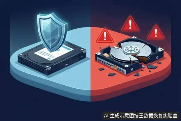 画面左右对比：左侧蓝色平台上有一块完整硬盘，上方悬浮蓝色盾牌；右侧红色平台上有一块盘片碎裂、散落碎片的硬盘，上方有三个红色警告三角。