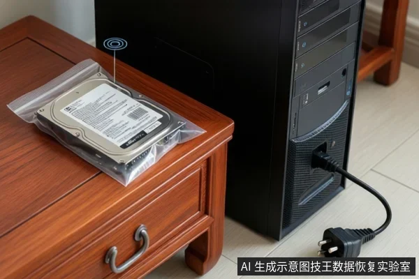 木桌上黑色台式主机后电源线插头已拔下放在地上,旁边防静电袋内放一枚完整机械硬盘,硬盘上方有识别状态小图标。