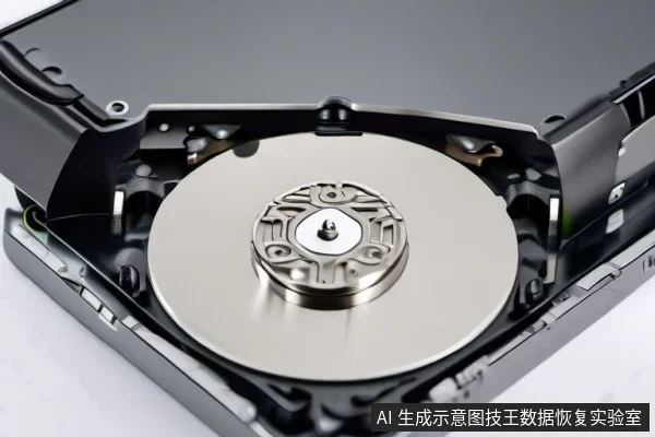 一台拆开外壳的机械硬盘,金属盘片、主轴电机与磁头臂清晰可见,盘片表面反光,整体内部结构完整。