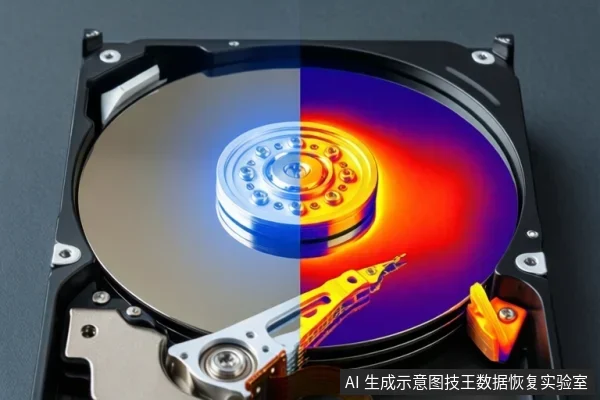 一块机械硬盘平放，盘片被分为左右两半：左侧为正常金属反光，右侧为红黄蓝渐变的热成像效果，磁头臂位于下方。