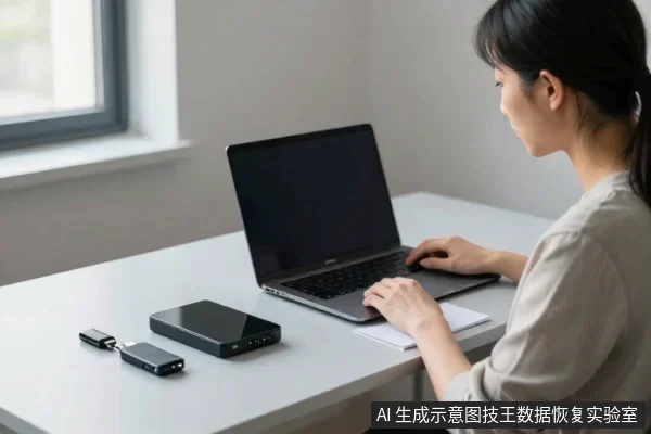 一名亚洲女性坐在浅色桌前使用笔记本电脑,桌面左侧放着一个U盘、一个黑色移动硬盘和一个黑色方形存储设备。