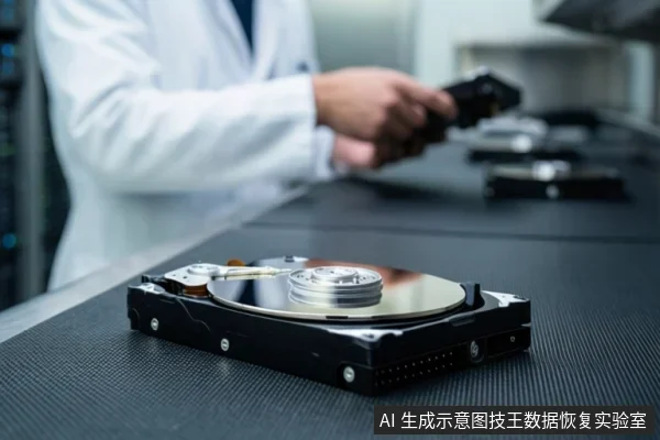 前景为打开外壳的机械硬盘,可见盘片与磁头臂;背景中穿白大褂人员手持黑色设备,台面远处还有硬盘部件。