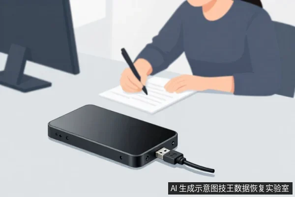 办公桌前，一名穿深色上衣的人正在纸上书写，桌面左侧有一台显示器，前方放着一个黑色外置硬盘盒，通过USB线连接。
