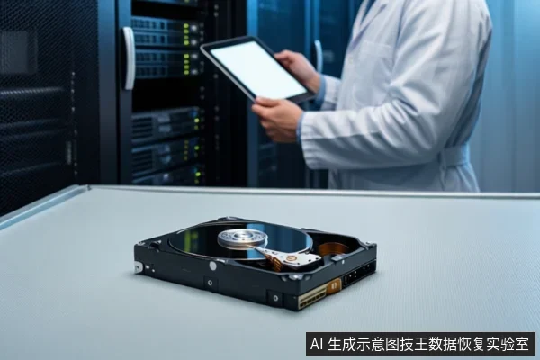 白色桌面上放置一块打开外壳的机械硬盘,可见盘片、主轴和磁头组件;背景为服务器机柜,一名穿白大褂人员手持空白屏幕平板。