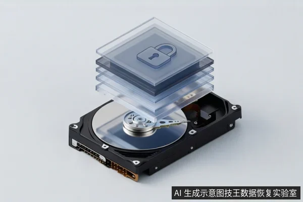 灰色背景上展示一块打开的机械硬盘,盘片与主轴清晰可见;硬盘上方悬浮着多层半透明方形图层,最上层带有锁形图标。
