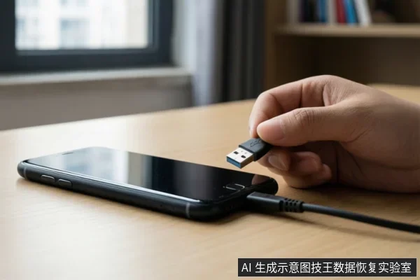 一只手拿着USB接口靠近放在木桌上的黑色智能手机,手机底部已连接数据线。