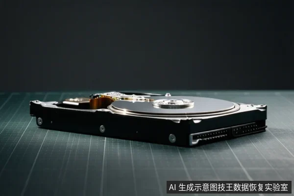 一块打开外壳的机械硬盘平放在深色网格垫上,可见盘片、主轴、磁头组件和接口,背景为暗色。