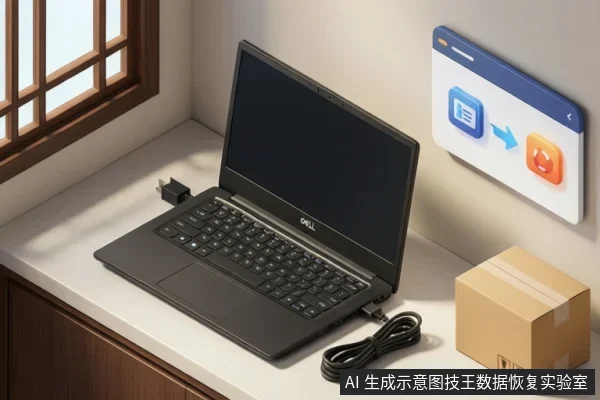 桌面上放着一台黑屏的戴尔笔记本电脑,左侧有电源适配器插头,右侧连着一根线缆,旁边放着一个纸箱,墙上贴着一张带两个图标和箭头的示意图卡片。