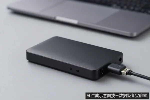 黑色移动硬盘平放在桌面,通过USB-C数据线连接,背景为笔记本电脑。