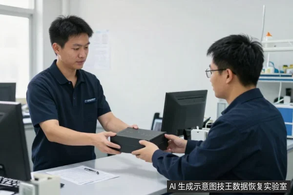 两名亚洲男性在办公桌前交接一个黑色长方形设备，桌上有电脑显示器和文件。