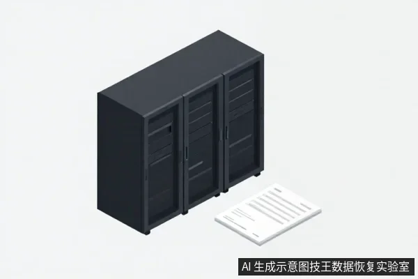 三个黑色机架式存储设备并排摆放,右侧地面放有一份白色文档,整体为等距视角示意图。
