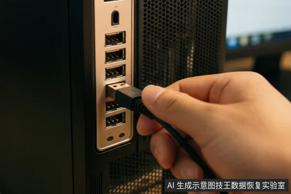 一只手正将USB数据线插入台式电脑机箱背部的USB接口,机箱侧面为蜂窝状散热孔,背景虚化。