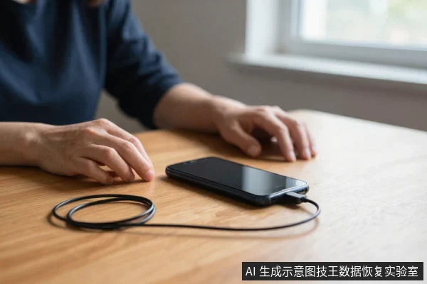 一名亚洲成年人坐在木桌旁，双手放在桌上，一部黑屏手机平放桌面并连着一根黑色数据线。
