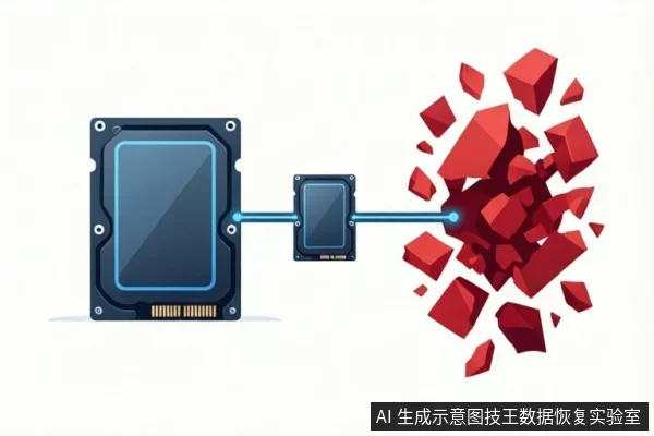 左侧为一块蓝色固态硬盘，中间连接一个小型芯片，右侧为红色碎片爆炸效果，示意数据损坏或丢失。
