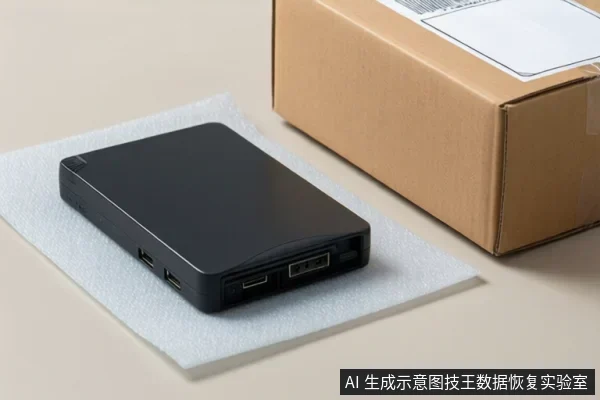 白色泡沫垫上放着一台黑色外置存储设备,侧面可见多个接口;旁边有一个贴有空白标签的棕色快递纸箱。