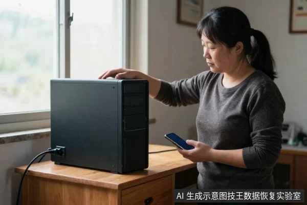 一位亚洲成年女性站在木桌旁，右手放在黑色台式主机顶部，左手持蓝色智能手机，主机电源线插在墙上插座。