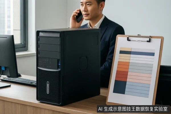 窗边木桌上放黑色台式主机和带抽象色块的写字板,背景一名穿西装男子正举手机通话,左侧有显示器与键盘。