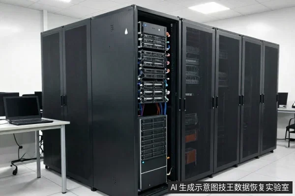机房内多台黑色服务器机柜并排摆放,前景机柜门打开,可见内部密集的服务器设备与线缆,左侧桌上放有笔记本电脑。