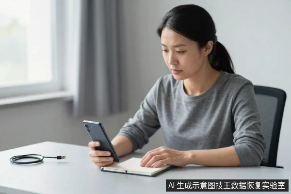 一名亚洲女性坐在桌前，左手持黑色智能手机查看，右手放在打开的笔记本上，桌面左侧有一根数据线。