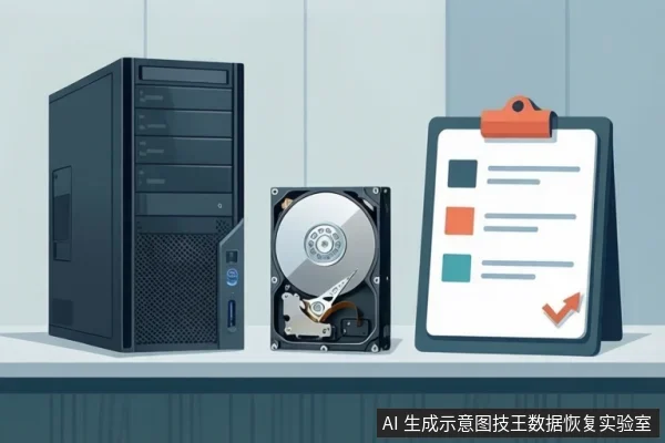 桌面上并排放着一台黑色台式主机、一块开盖机械硬盘和一个写字板，板面为抽象色块与线条，右下角有橙色对勾箭头。