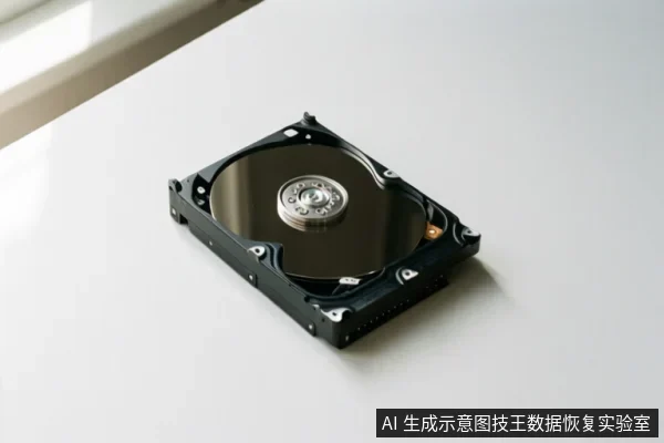 白色桌面上放置一个打开外壳的机械硬盘,可见盘片、主轴和黑色框架,无文字。