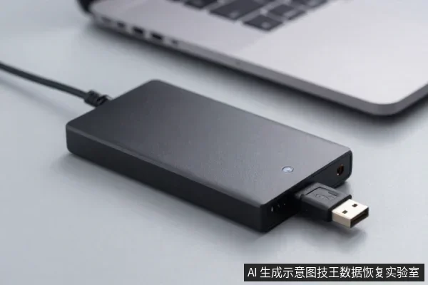 黑色长方形外置硬盘盒平放在桌面,侧面USB接口插着数据线,旁边有一台银色笔记本电脑。