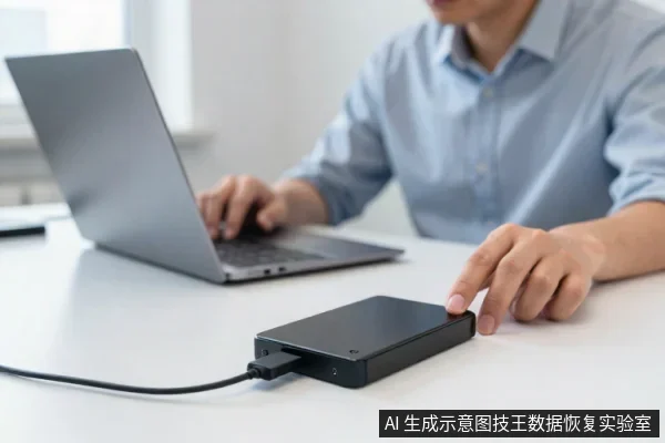一名穿浅蓝色衬衫的男子坐在桌前操作笔记本电脑,右手正触碰连接着黑色外置硬盘的USB线。