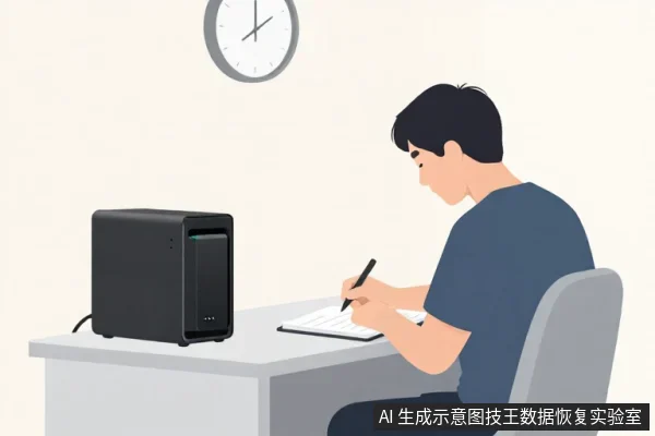 一名亚洲男性坐在桌前,用笔在纸上记录,旁边桌上放着一台黑色小型存储设备,墙上挂有圆形时钟。
