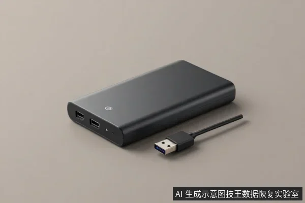 一块黑色移动硬盘平放在灰色桌面上,旁边有一根USB数据线,插头未连接硬盘。