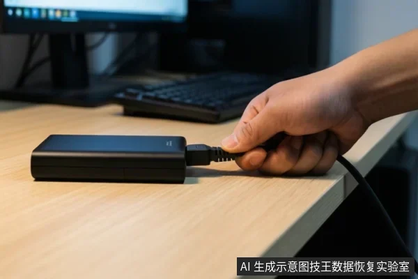 一只手正将USB数据线插入桌面上的黑色移动硬盘,背景可见电脑显示器和键盘。