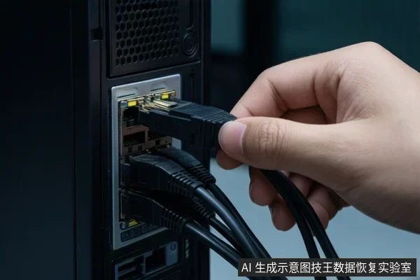 一只手正将一根黑色网线插入机箱后部的RJ45网络接口,下方已有两根网线连接。