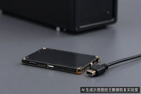 黑色方形存储设备平放在灰色台面上,侧面可见USB接口,一根黑色数据线插头置于设备旁,背景为模糊的黑色机箱。